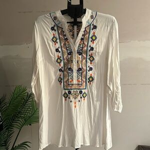 Luna Moon button down V neck embroidered tunic shirt